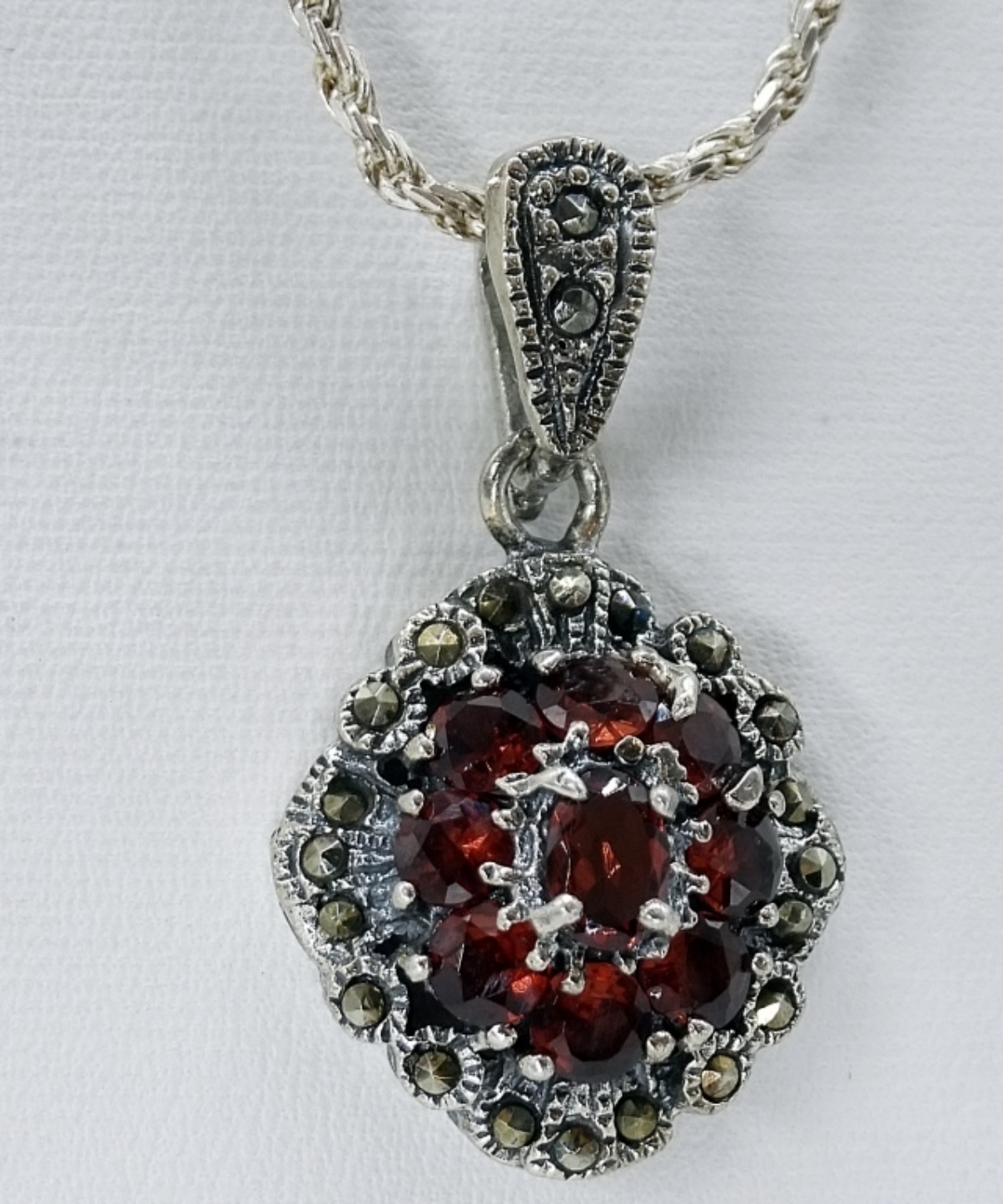Sterling Garnet, Marcasite Ring & Necklace