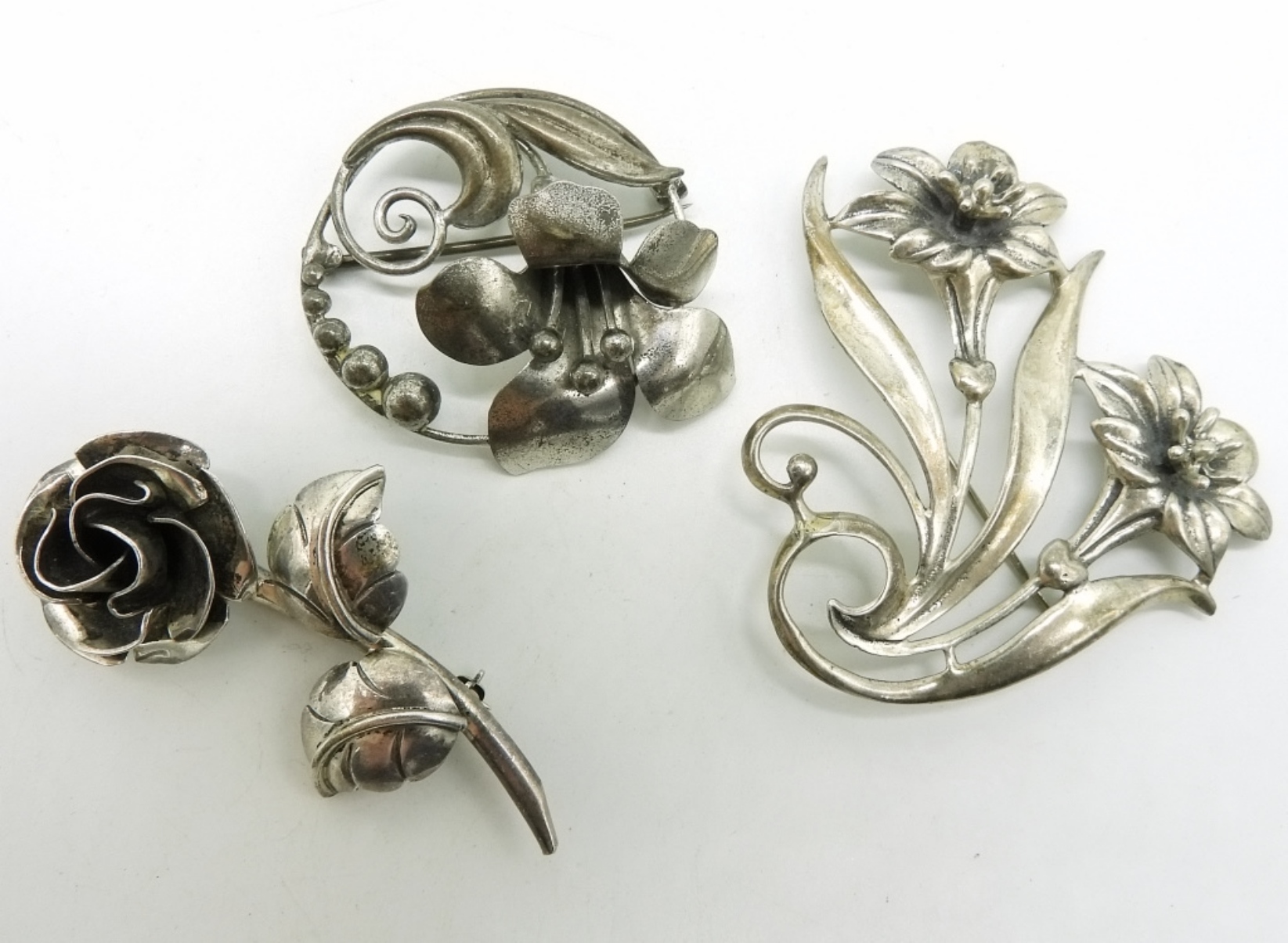 3 Vintage Sterling Flower Brooches