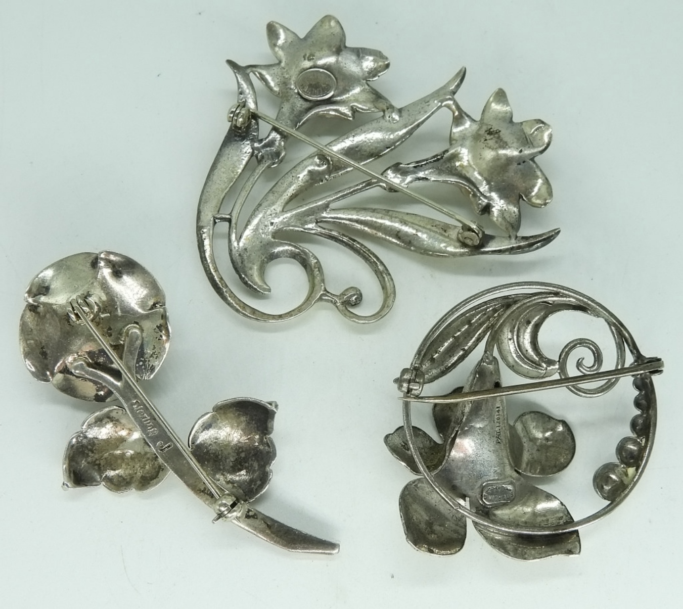 3 Vintage Sterling Flower Brooches
