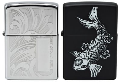 2010 Zippo Lighters, Chrome & Black Matte Pair. Two 2010 regular-size Zippos with "C 10" & 'F 