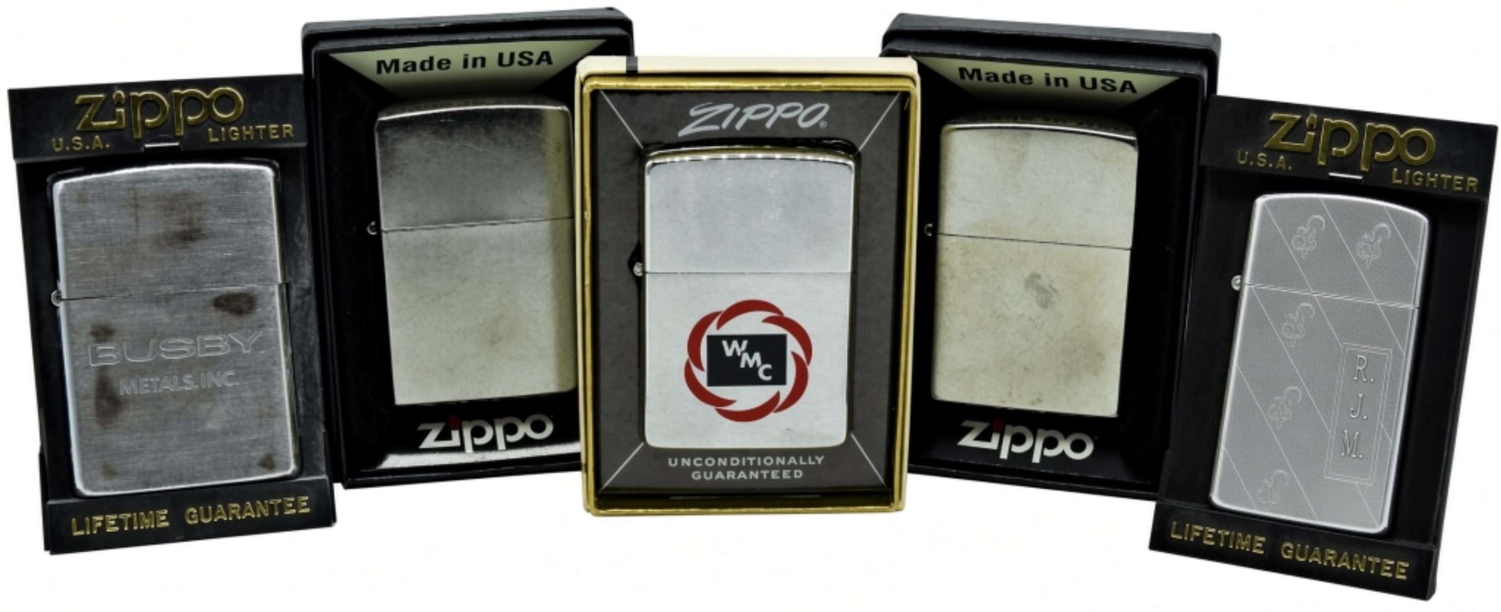 Five Zippo Lighters w/ Advertising & Blanks