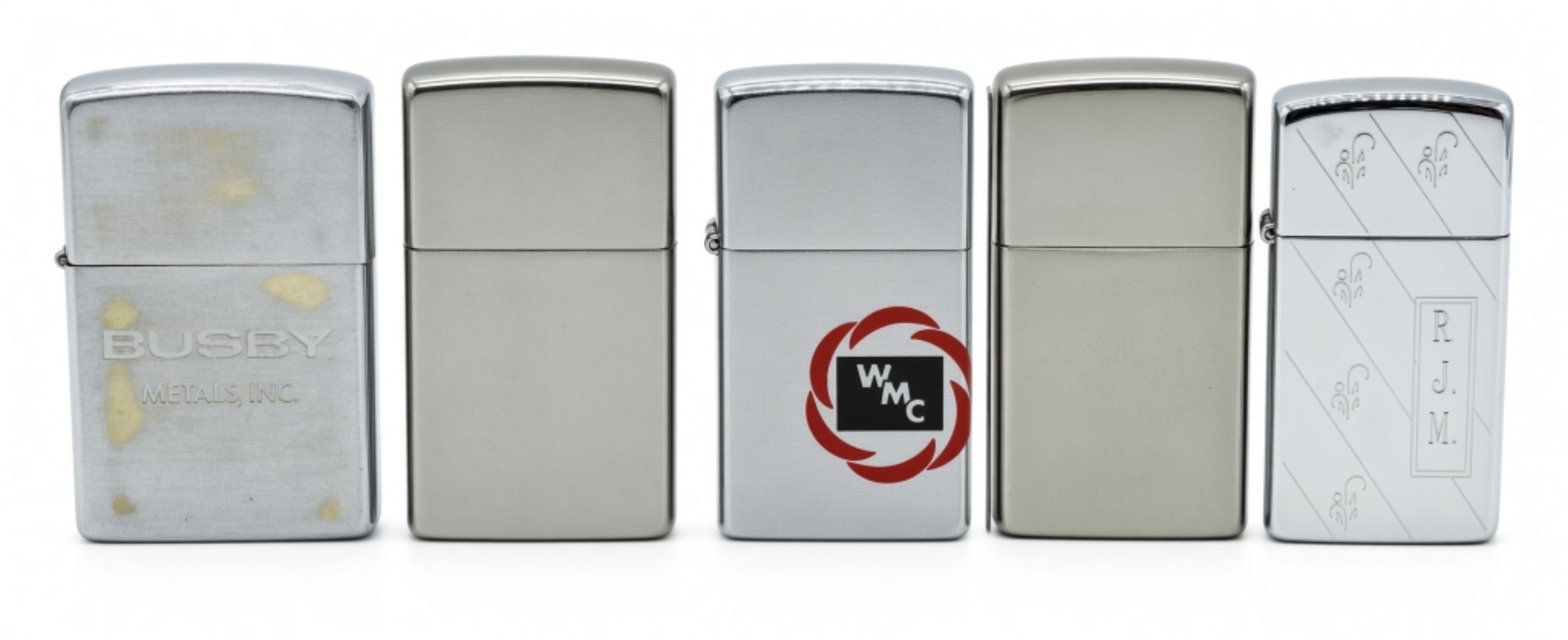 Five Zippo Lighters w/ Advertising & Blanks