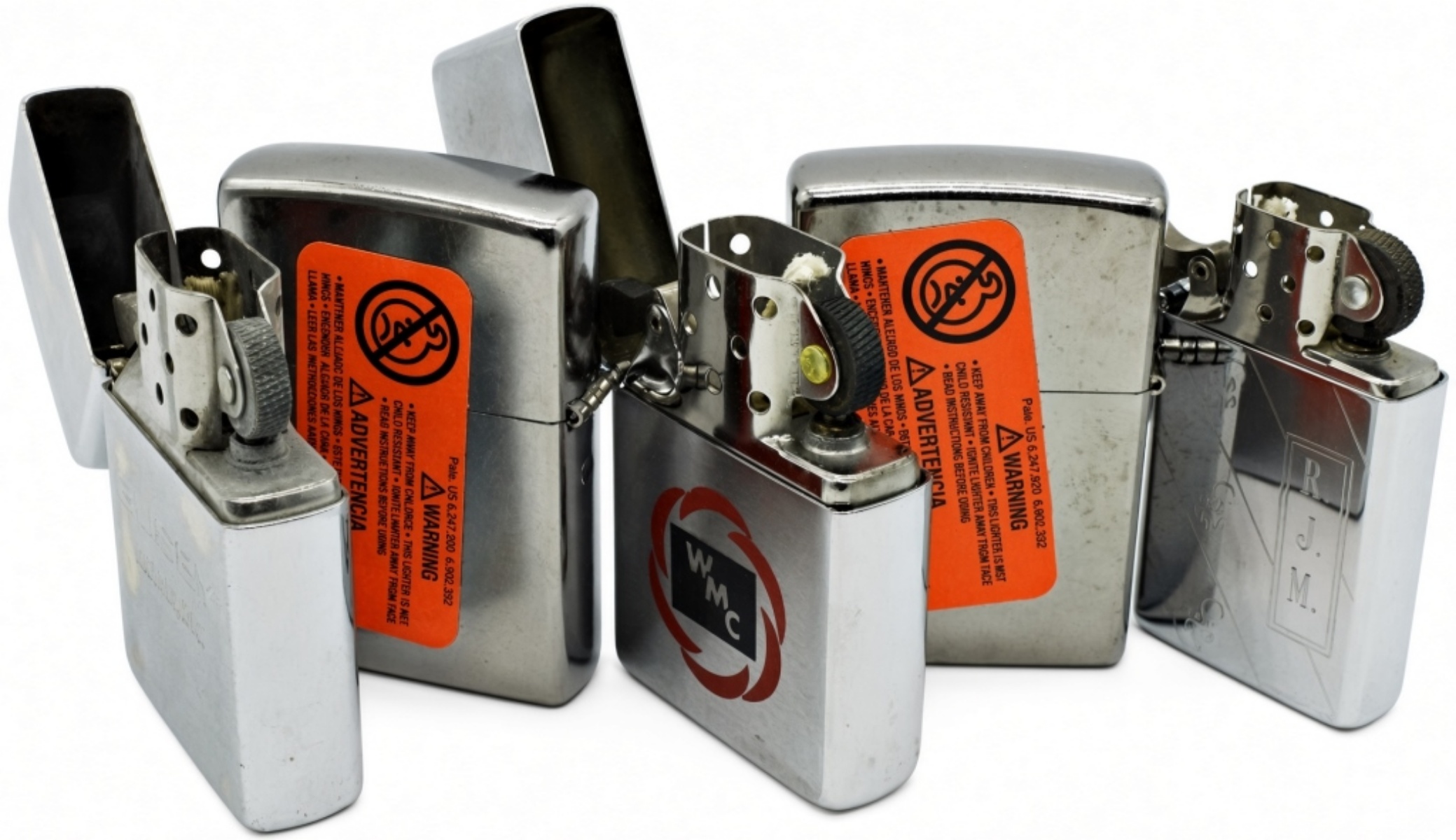 Five Zippo Lighters w/ Advertising & Blanks