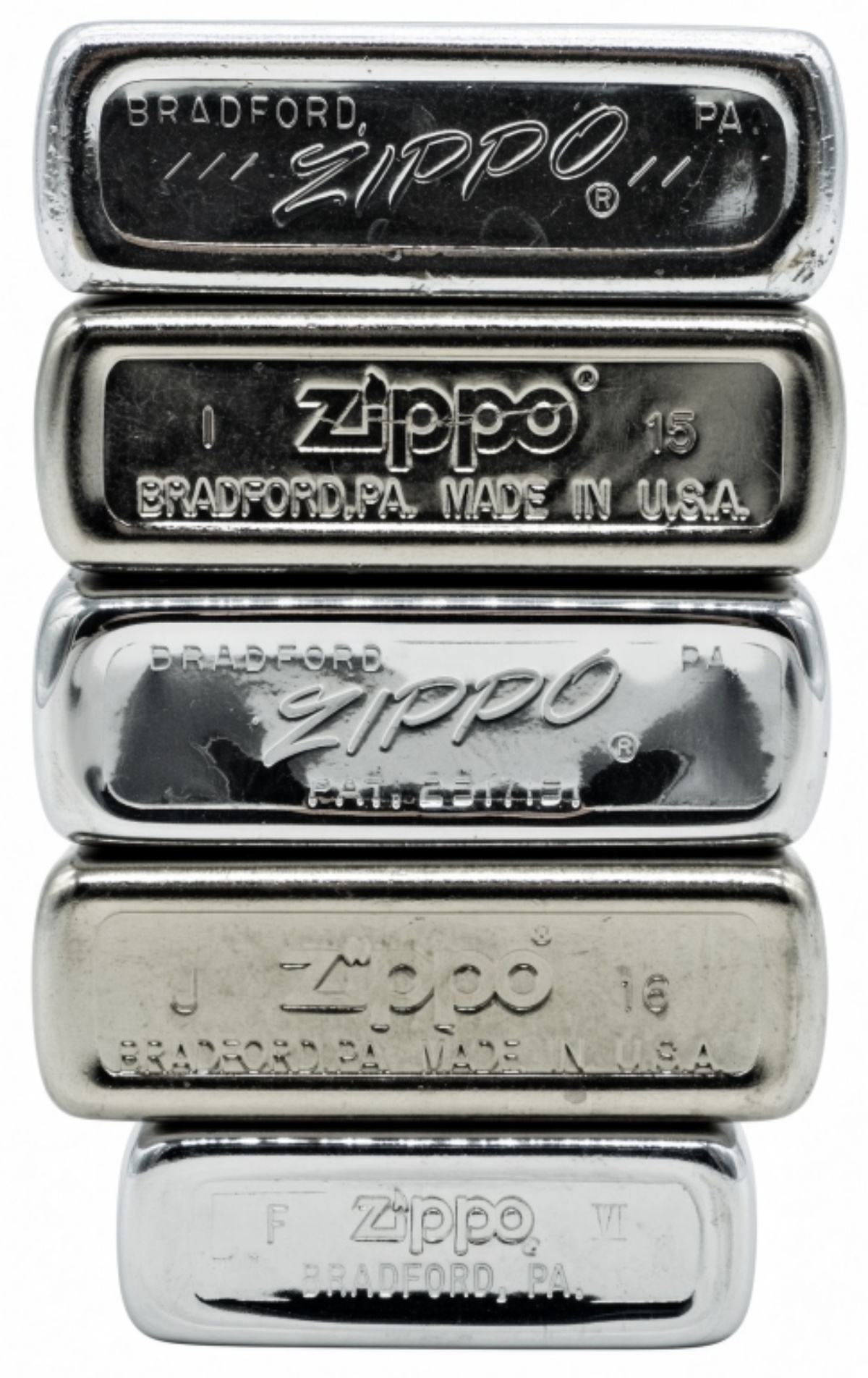 Five Zippo Lighters w/ Advertising & Blanks