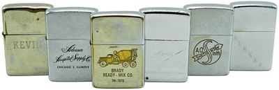Zippo Advertising Lighter Lot (6). Collection of six vintage Zippo lighters featuring various 