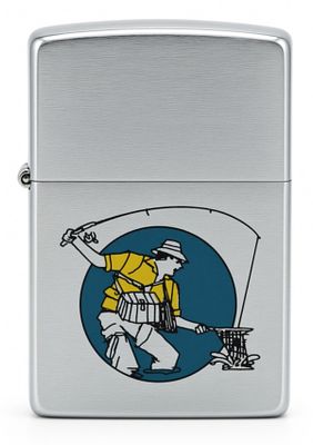 Zippo Fly Fishing Design Brushed Chrome. Features a colorful applied graphic of a fisherman 