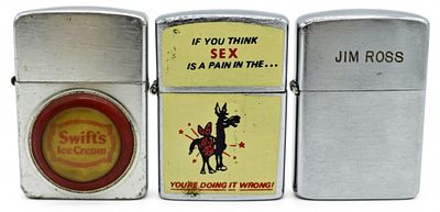 Three Lighter Trio - Swiss Ice Cream, Donkey. Three vintage lighters, including examples with 