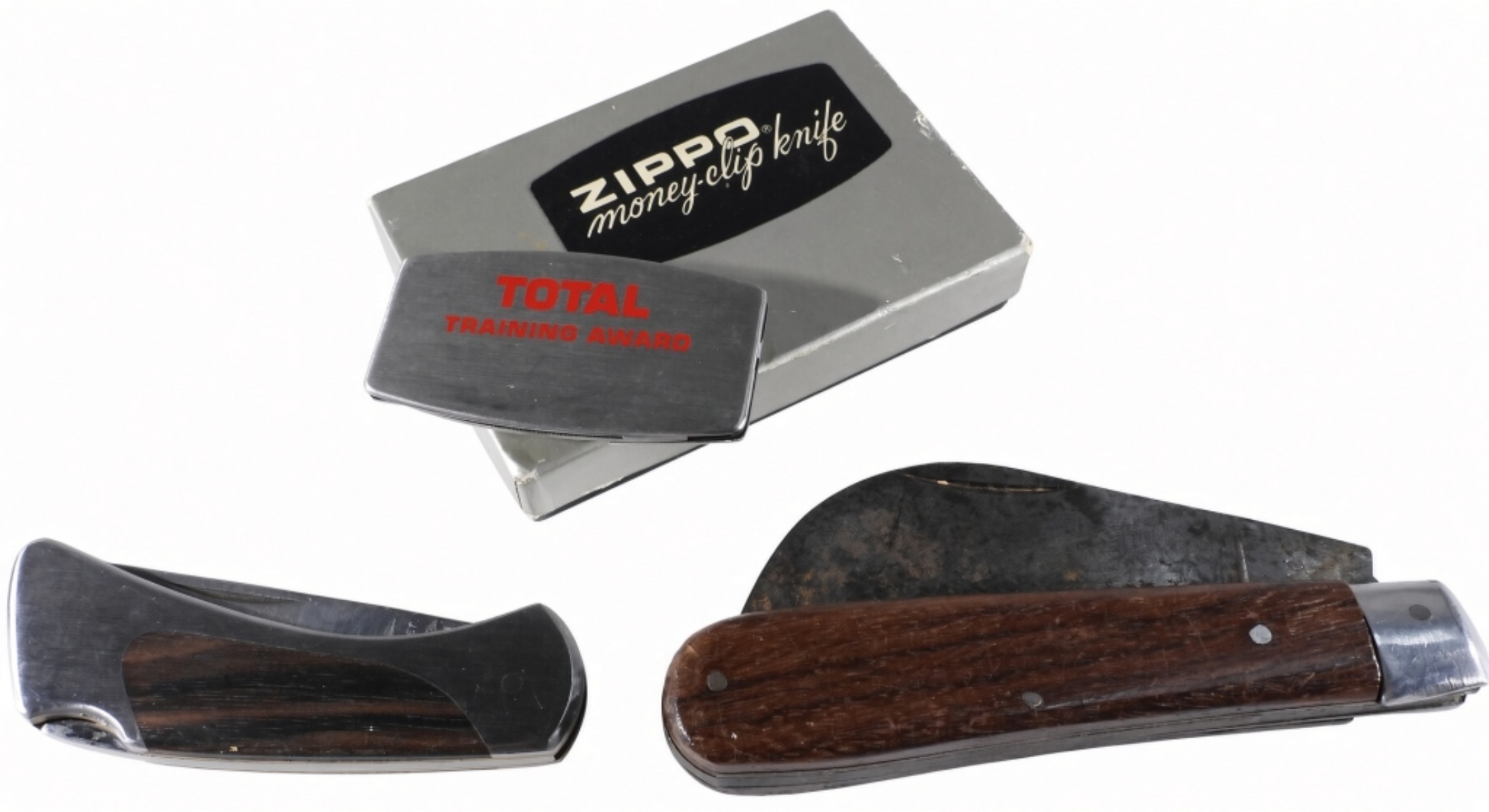 (3) Knife Lot - Zippo Money Clip, Hawkbill