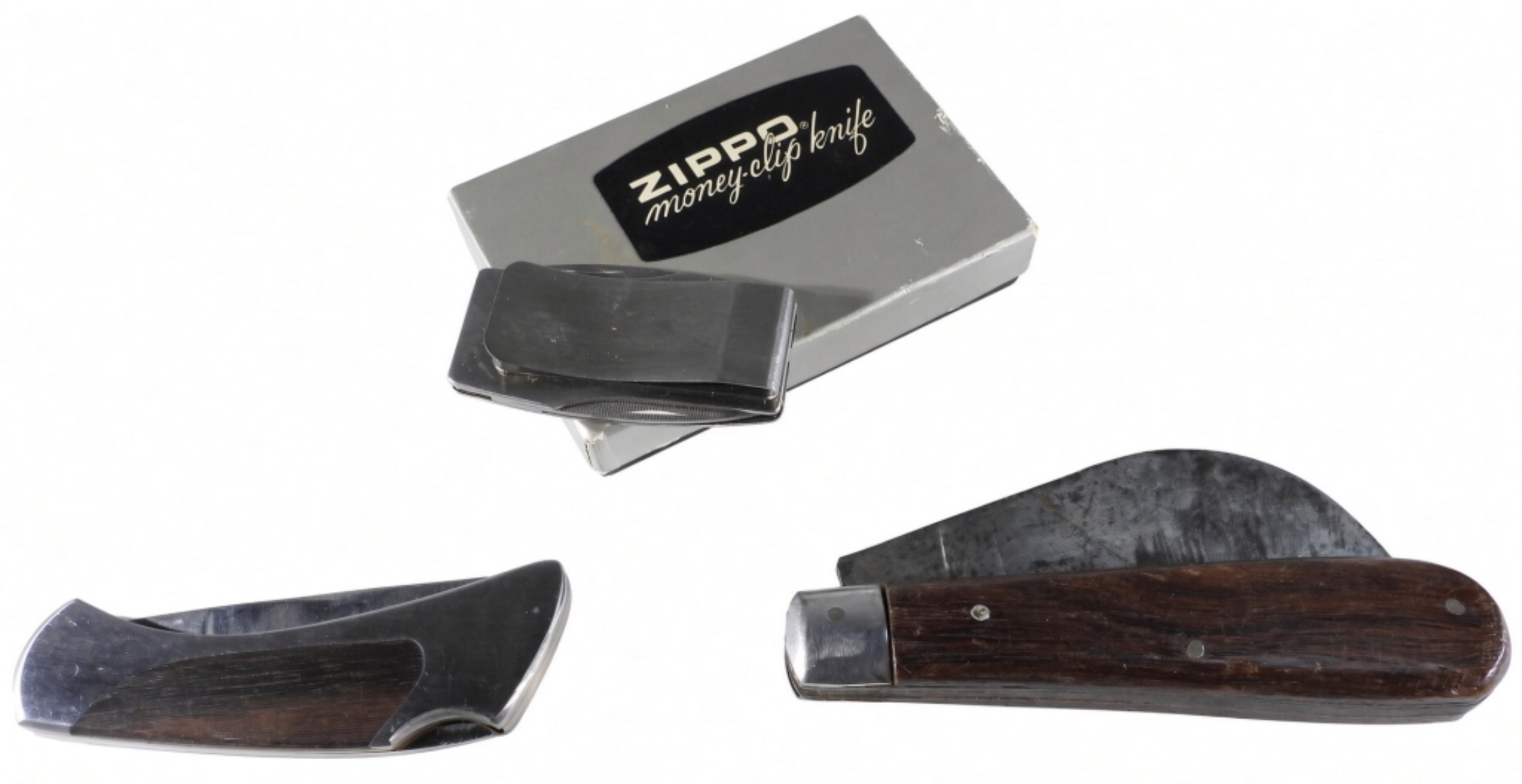 (3) Knife Lot - Zippo Money Clip, Hawkbill