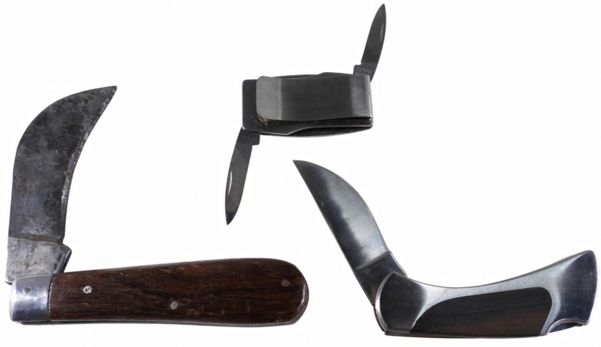 (3) Knife Lot - Zippo Money Clip, Hawkbill