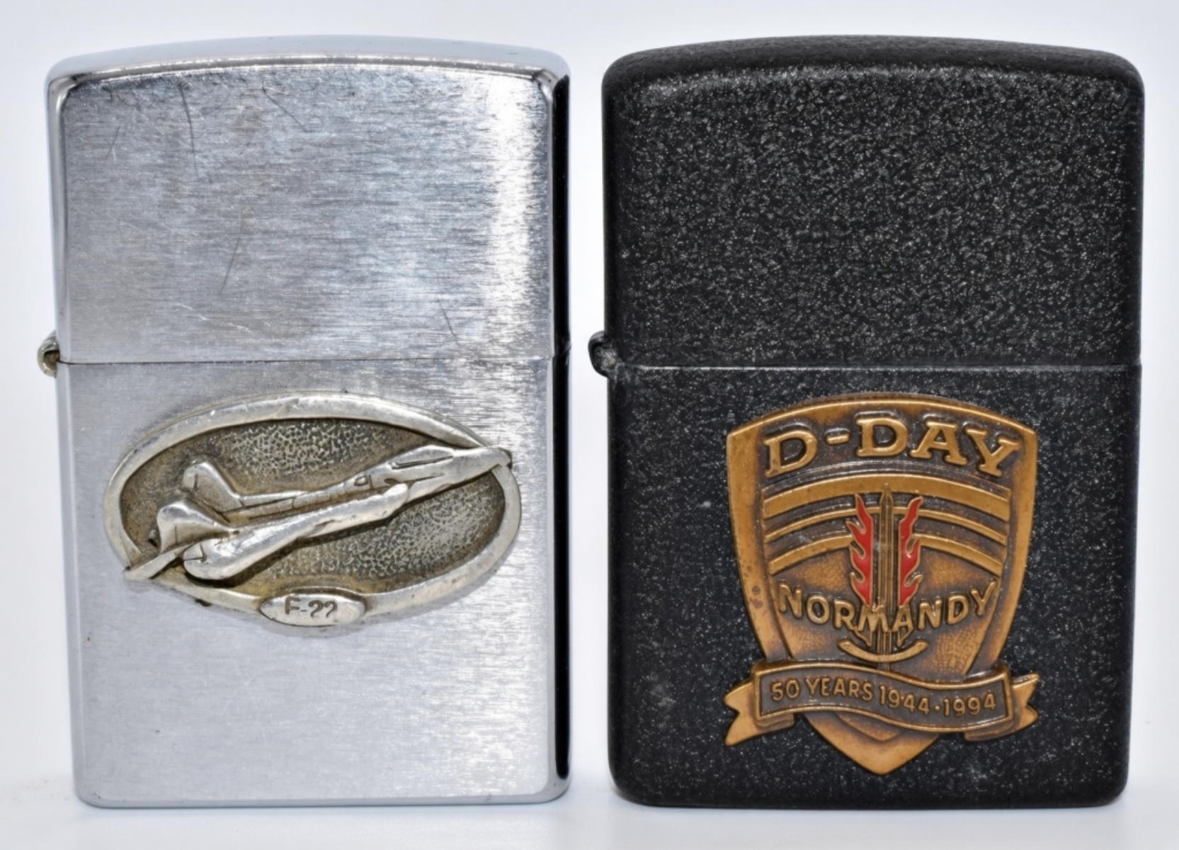 Two Zippo Lighters, Chrome F-22 Fighter & D-Day