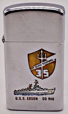 1971 Zippo Slim Lighter USS Edson DD 946. Chrome Zippo Slim in used condition featuring the 