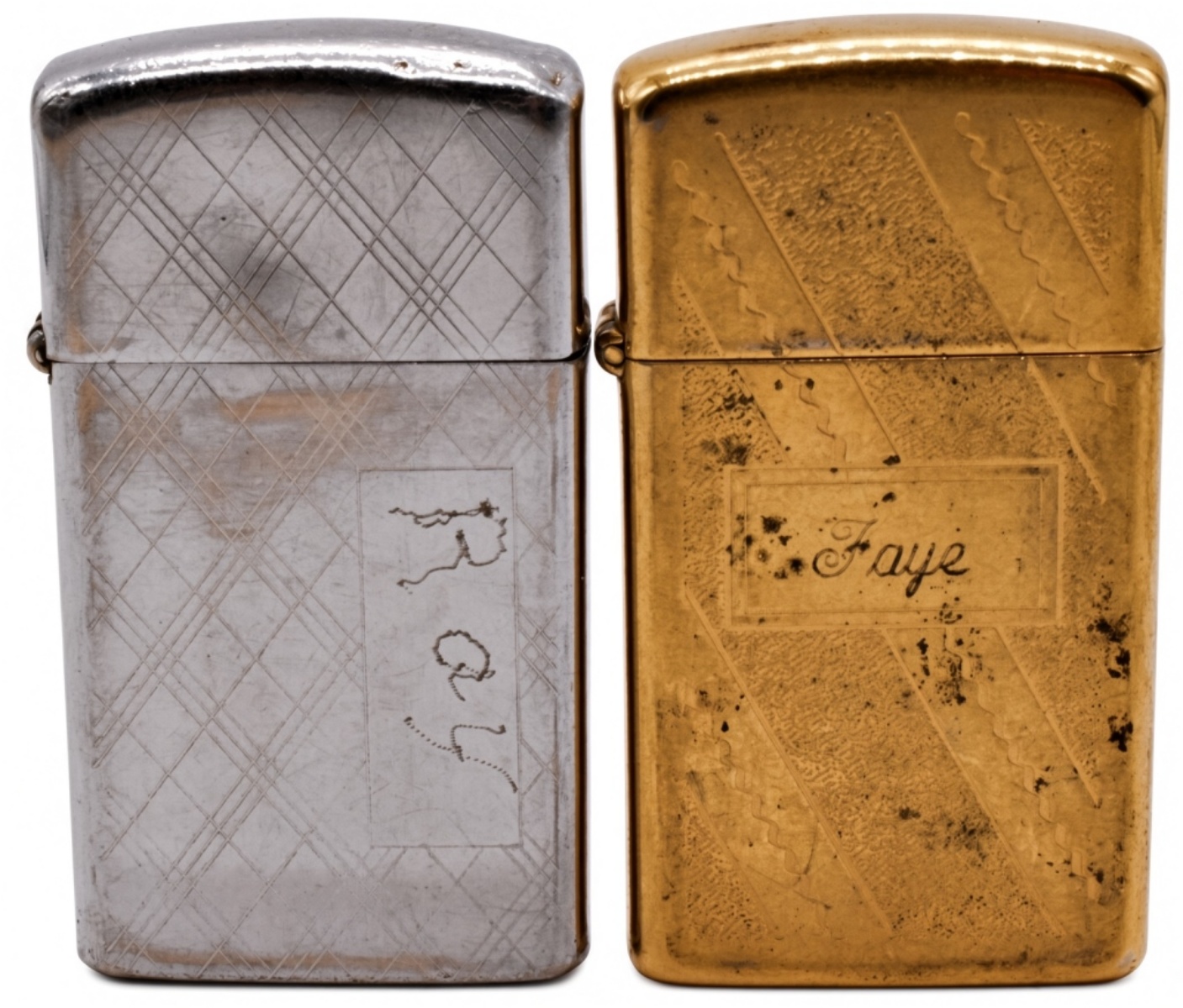 Two Zippo Slim Lighters, Chrome and Brass