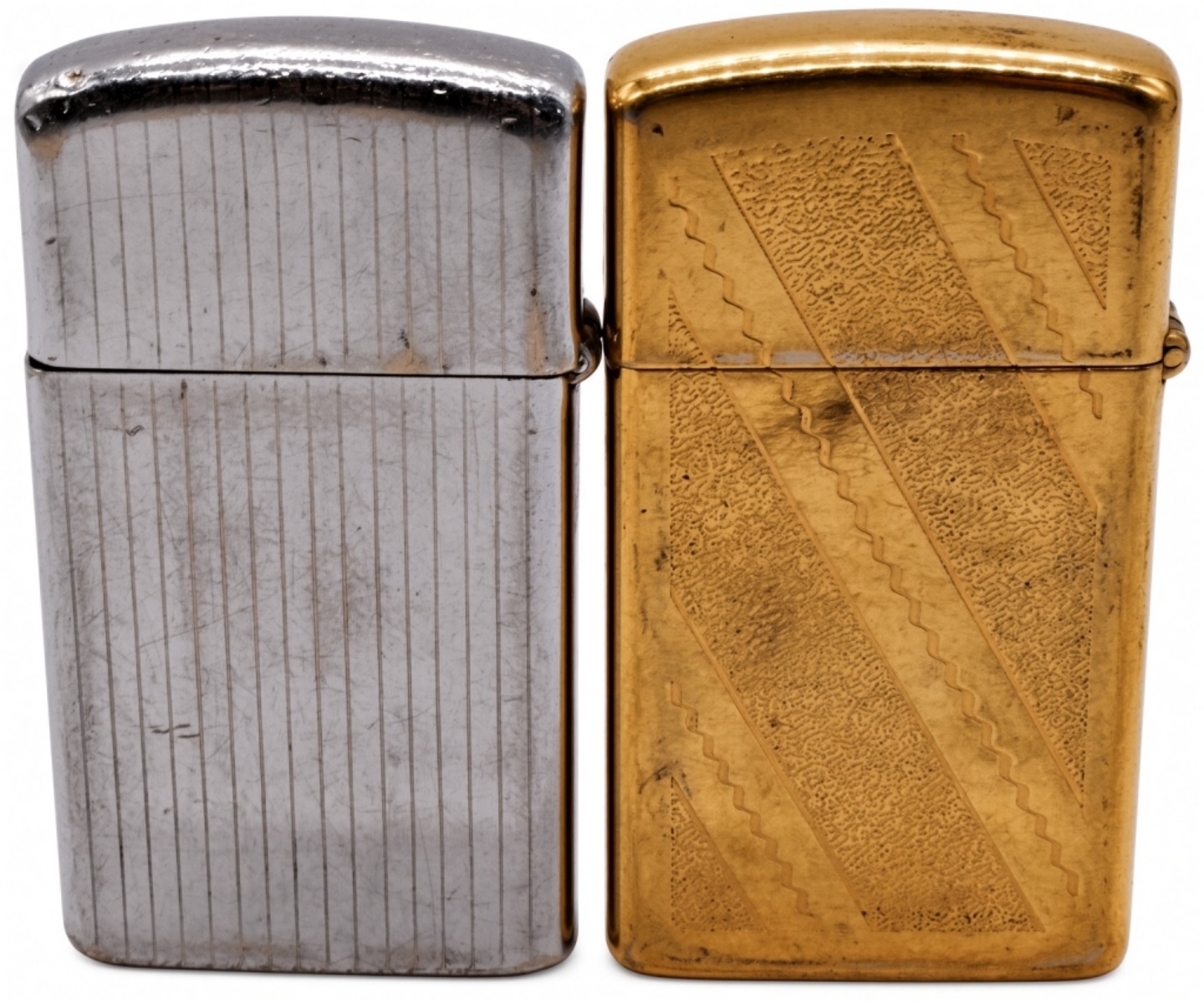 Two Zippo Slim Lighters, Chrome and Brass