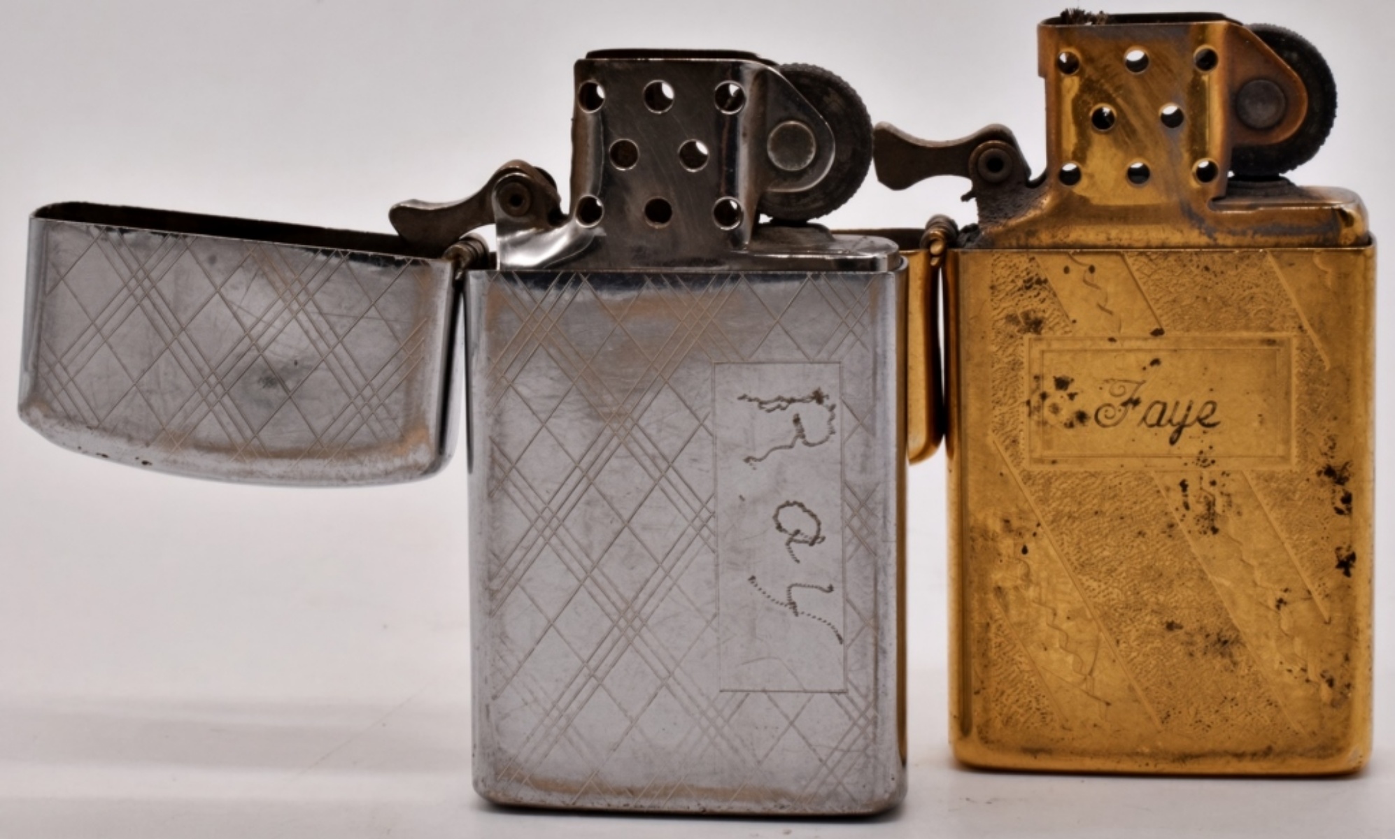 Two Zippo Slim Lighters, Chrome and Brass