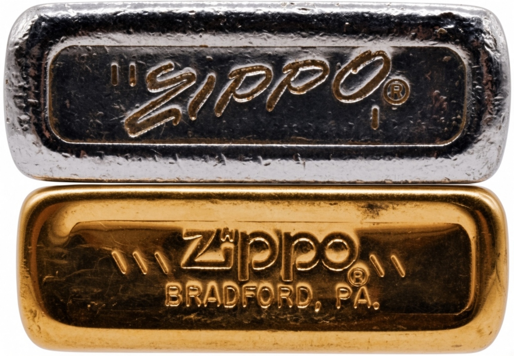 Two Zippo Slim Lighters, Chrome and Brass