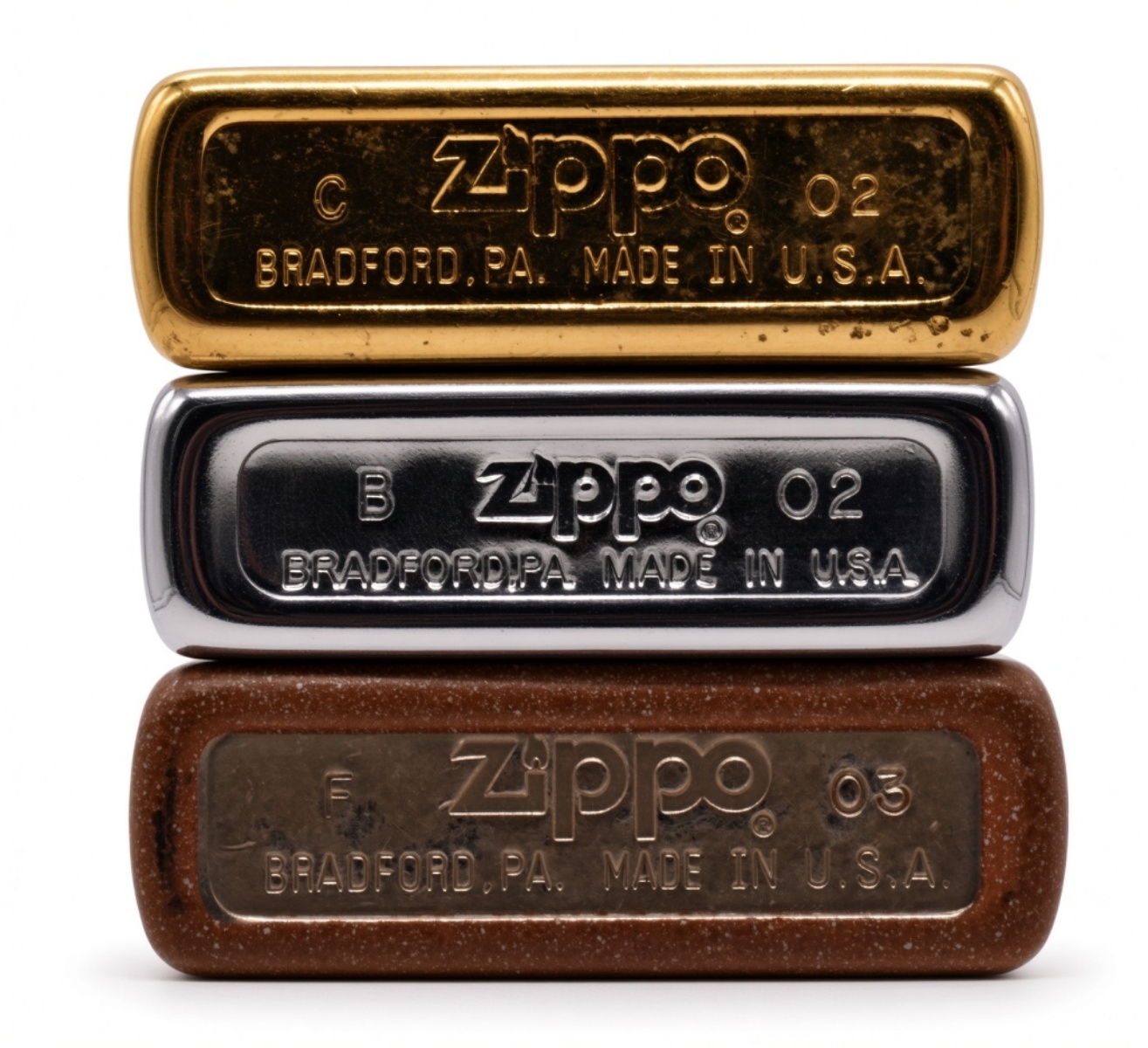Lot of 3 Zippo Lighters, High Polish Brass, Chrome