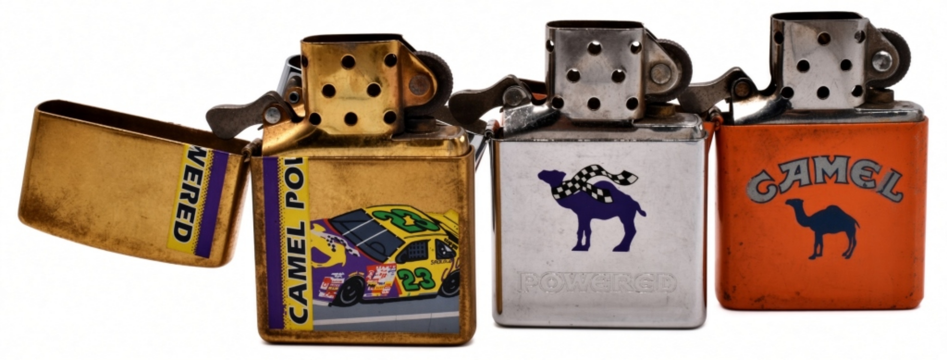 Three Camel Zippo Lighters, Gold, Chrome, Orange
