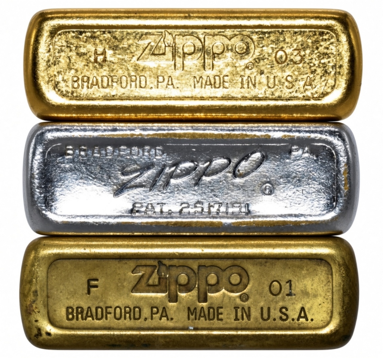 Zippo Lighter Set of 3, Brass and Chrome