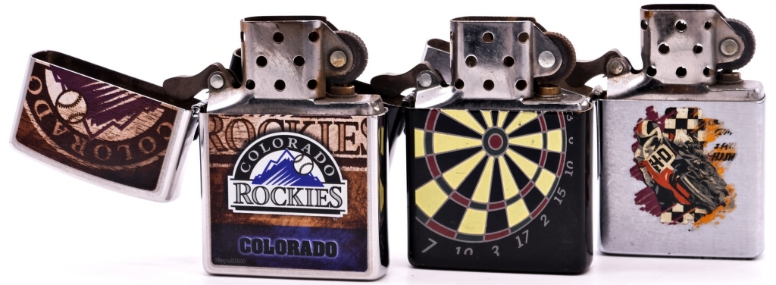 (3) Zippo's: Colorado Rockies, Darts & Harley