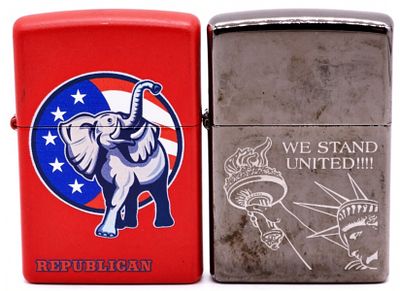 Zippo Lighter Pair, Republican & We Stand United. Two Zippo lighters with distinct political and 