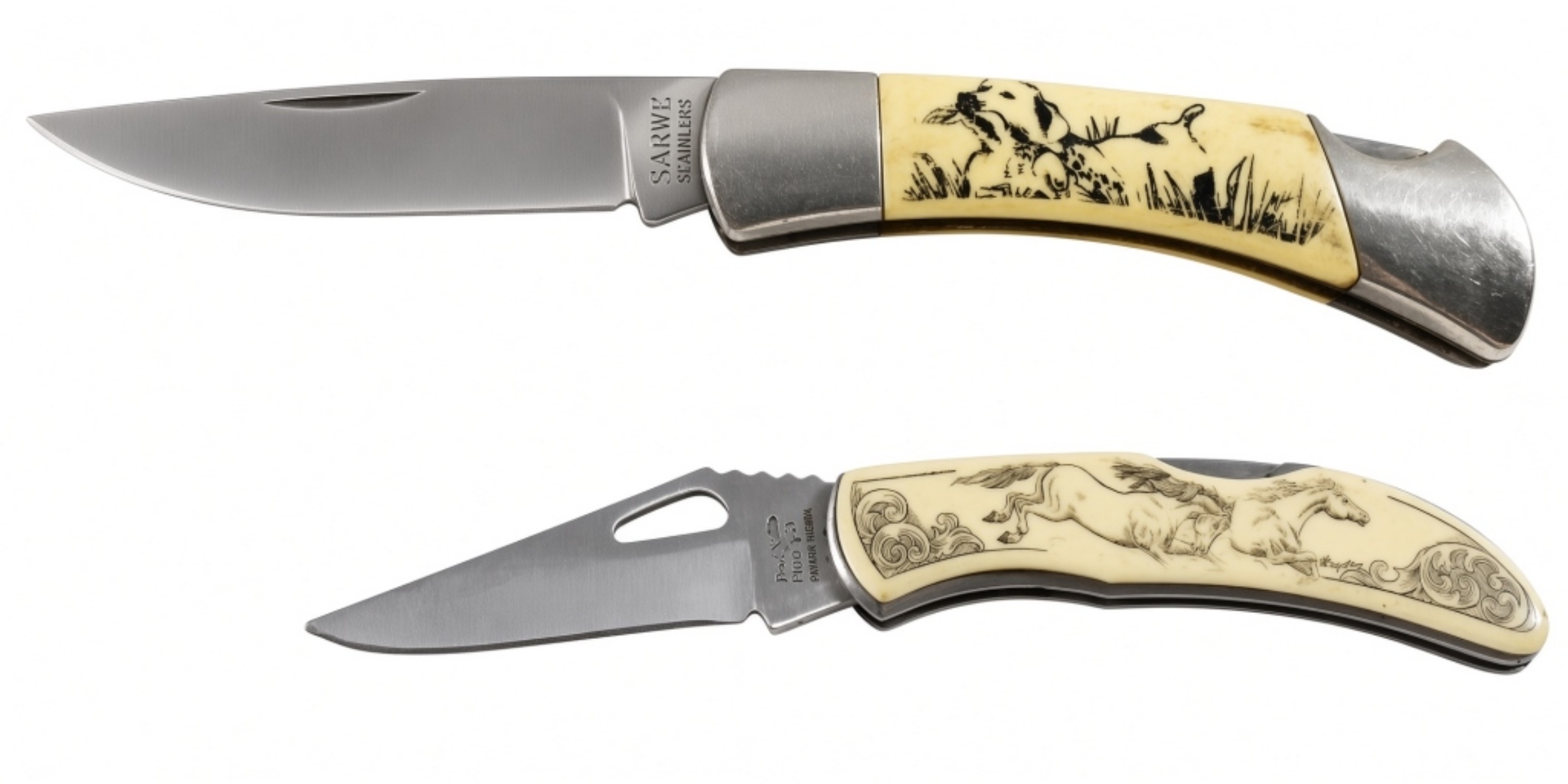 Sabre & Frost Cutlery Folding Knives, Scrimshaw