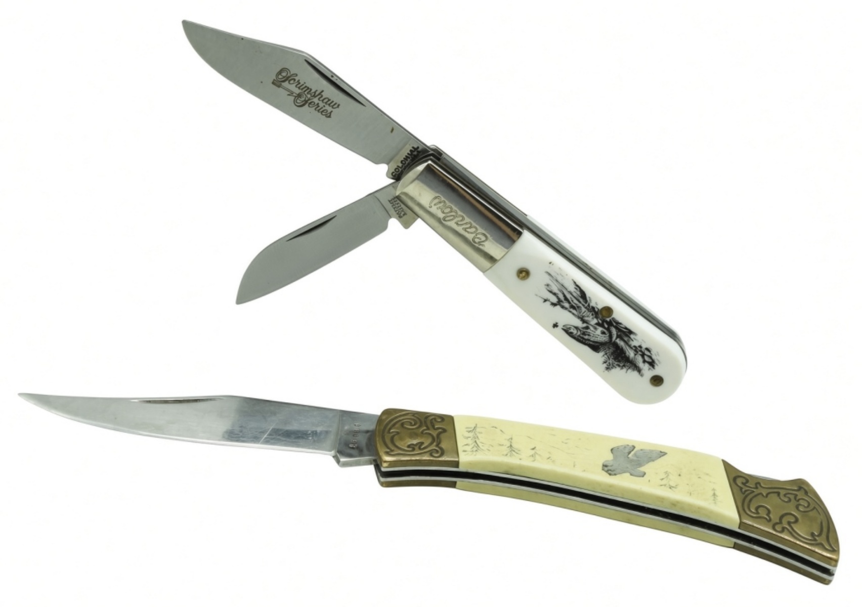 (2) Scrimshaw Knives - Barlow & Razor