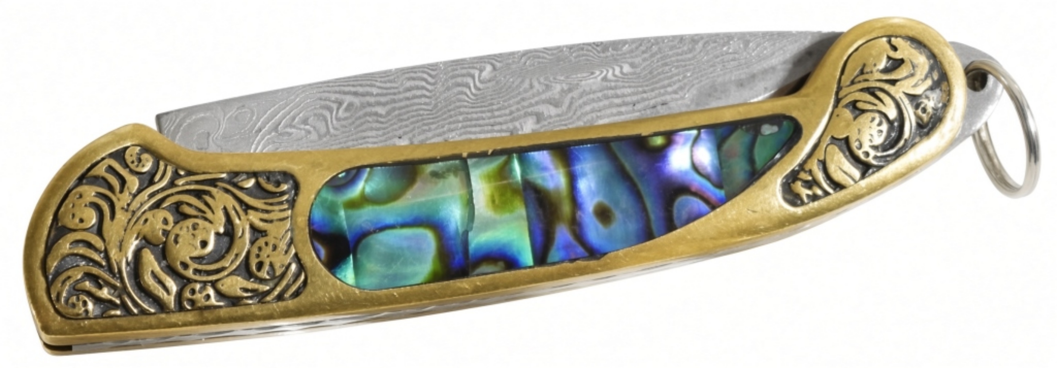 Damascus Blade Folding Knife, Abalone Handle