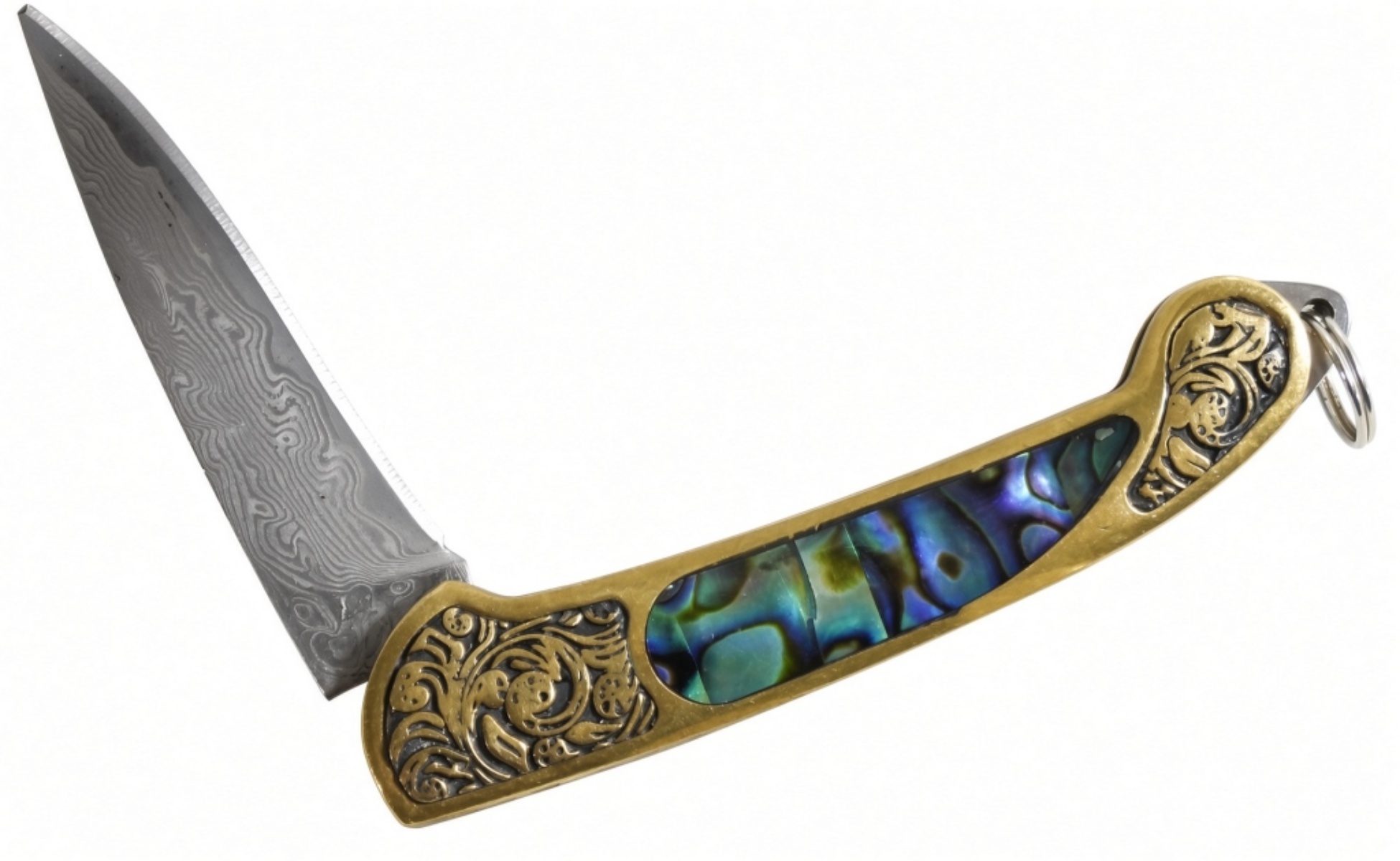 Damascus Blade Folding Knife, Abalone Handle