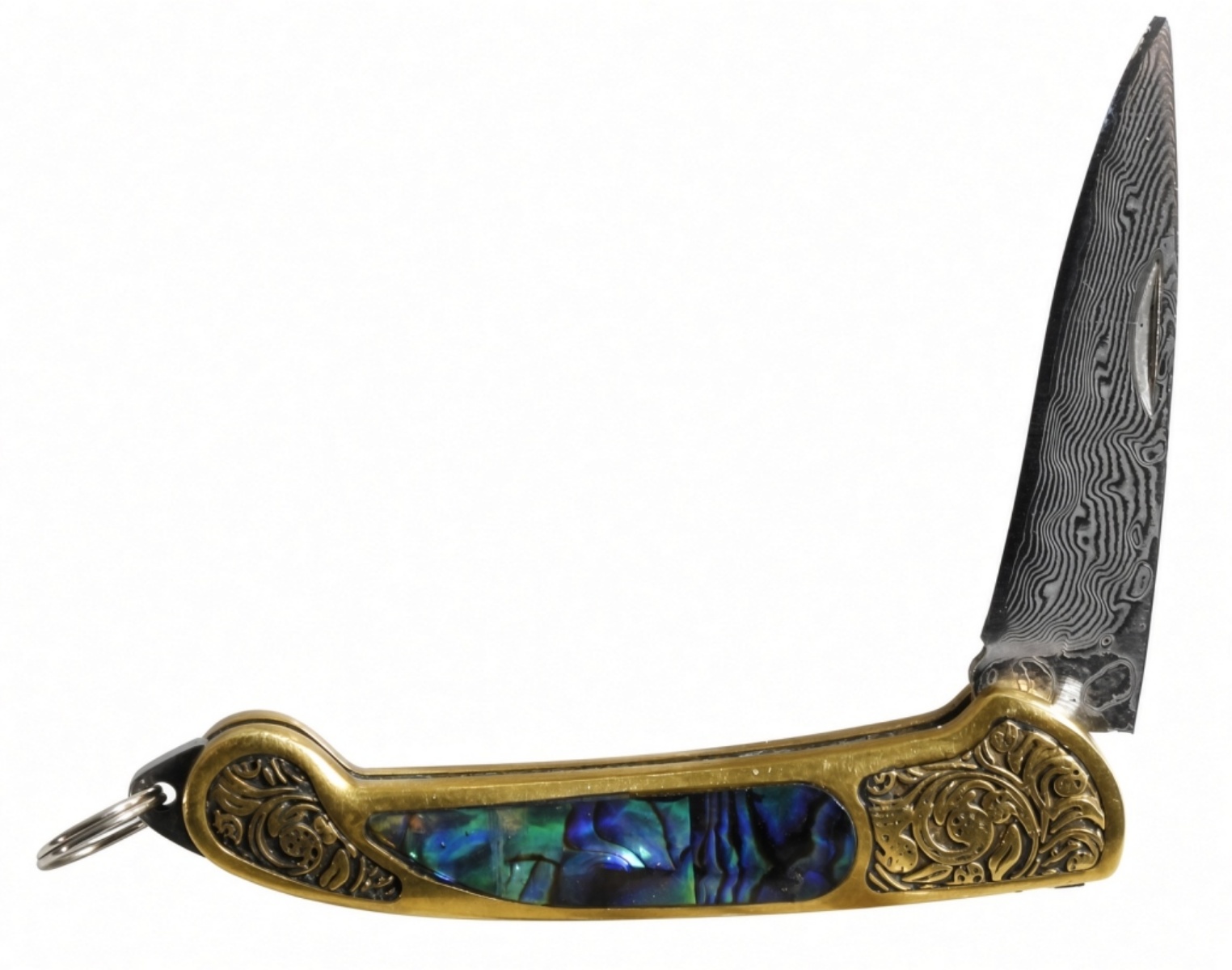 Damascus Blade Folding Knife, Abalone Handle