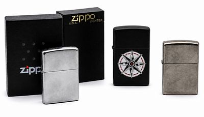 (3) Zippo Lighters Compass & Street Chrome. The lot includes one 1998 Compass rose design 
