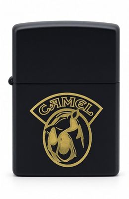 1996 Zippo Camel Lighter, Unfired. This black matte finish Zippo features the distinctive gold 