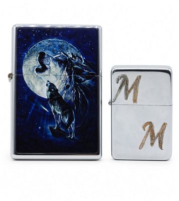 Star Chrome Lighters, 2 Pieces. Two chrome Star lighters, including one with dramatic wolf and 
