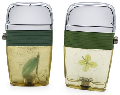 (2) Vintage Scripto Vu-Lighters - Cool. Pair of mid-century modern table lighters featuring 