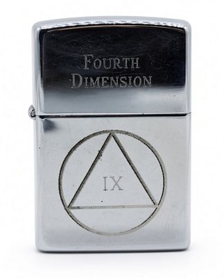 Fourth Dimension Zippo Lighter. Chrome-plated Zippo featuring the "Fourth Dimension" text and 