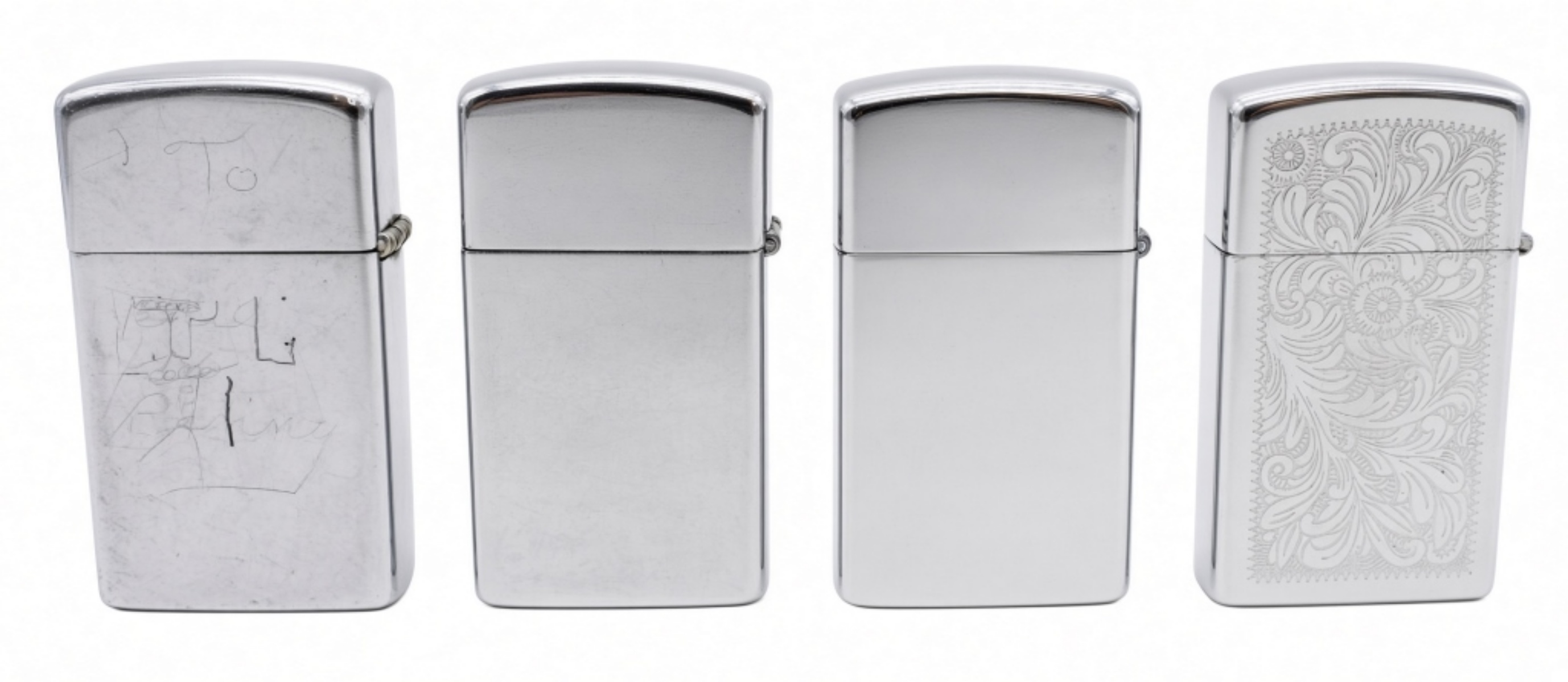 4 Slim Zippo Lighters, Fired
