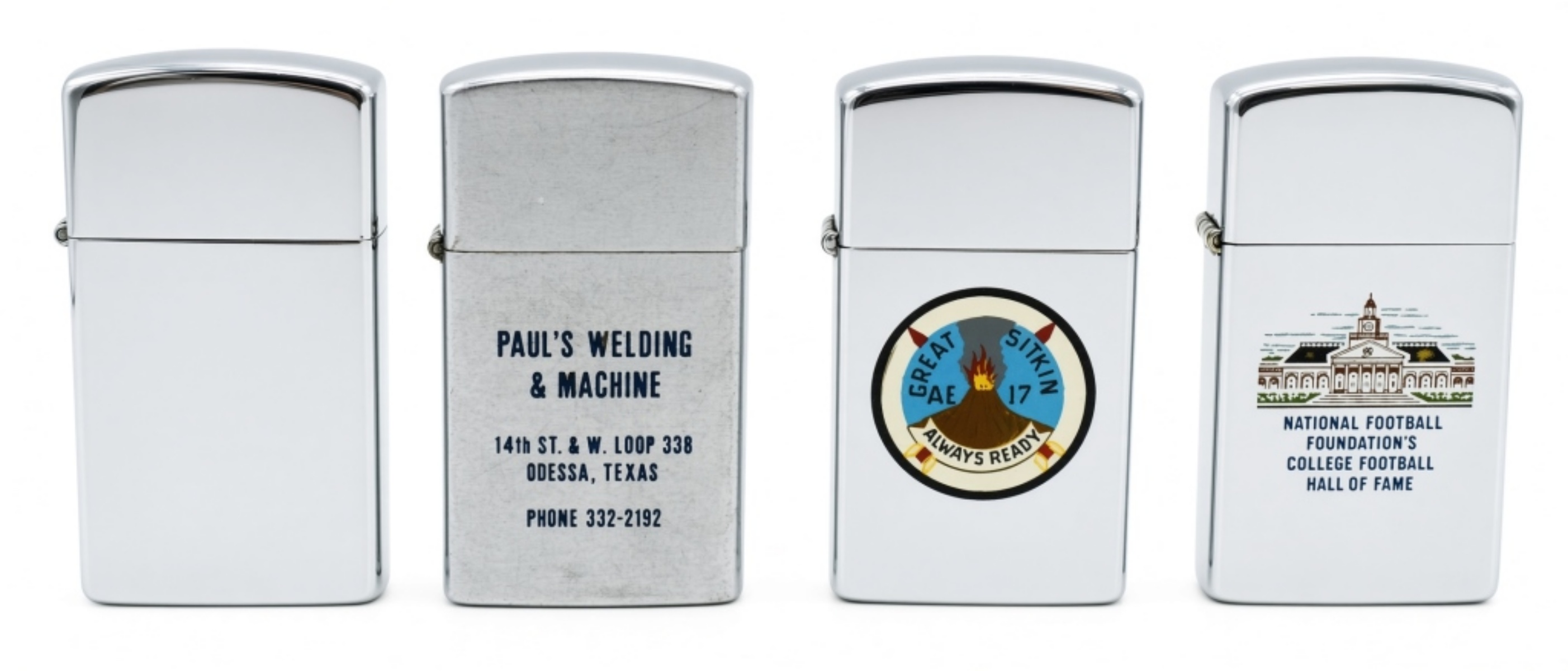 Lot of 4 Slim Zippo Lighters, Advertising