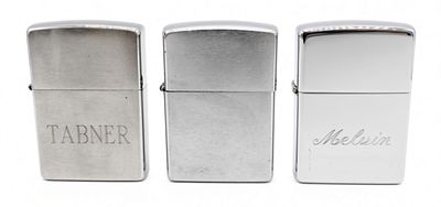 (3) Zippo Lighters, Tabner & Melvin Engraving. Lot of three Zippo Regular lighters in brushed 