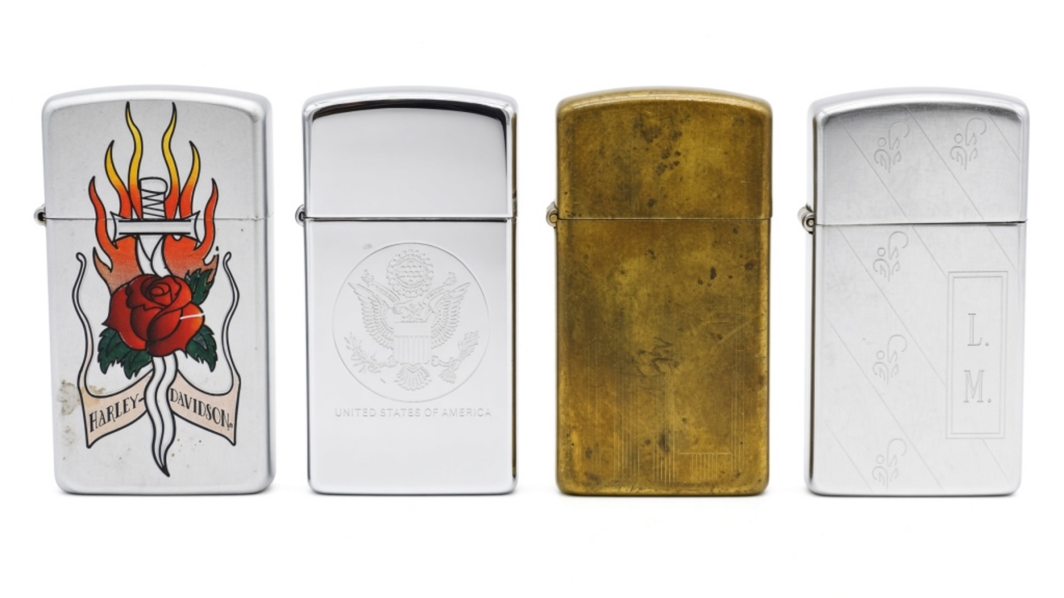(4) Slim Zippos, Chrome and Brass, Fired
