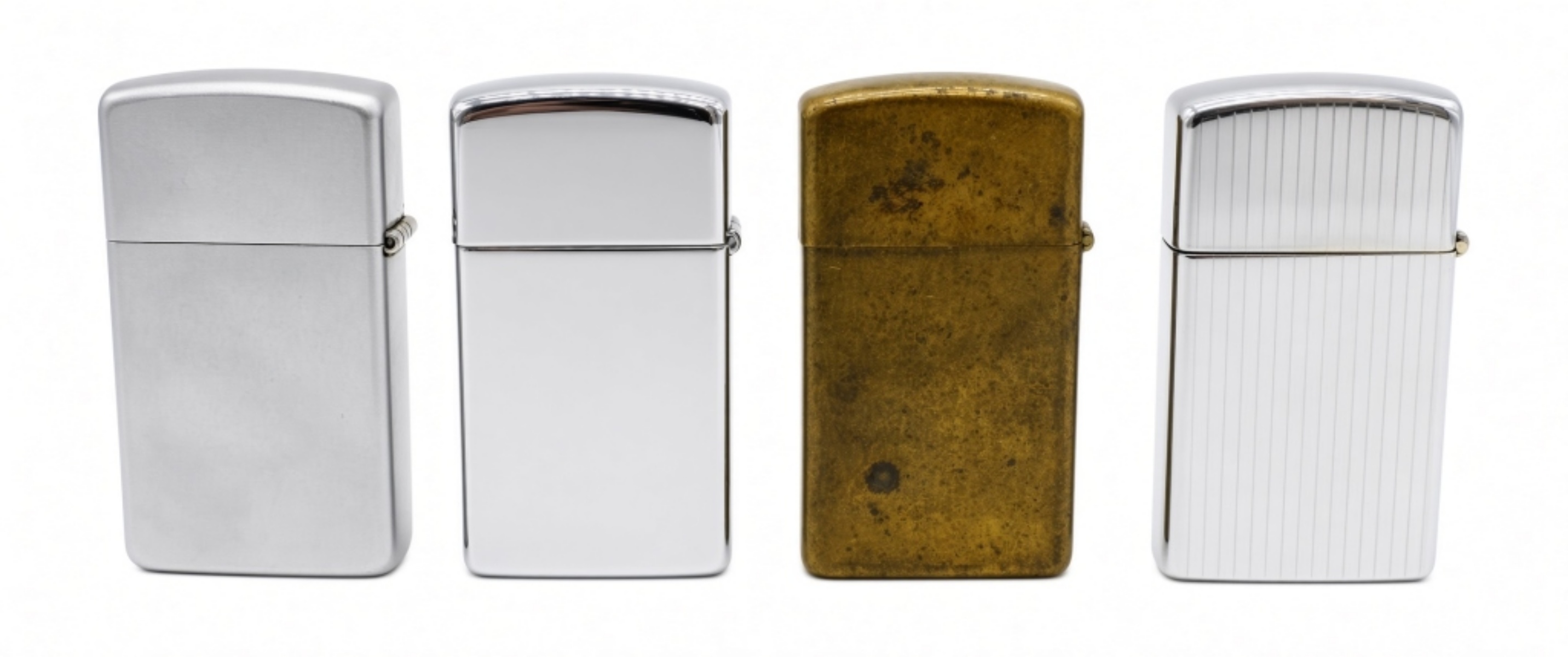 (4) Slim Zippos, Chrome and Brass, Fired