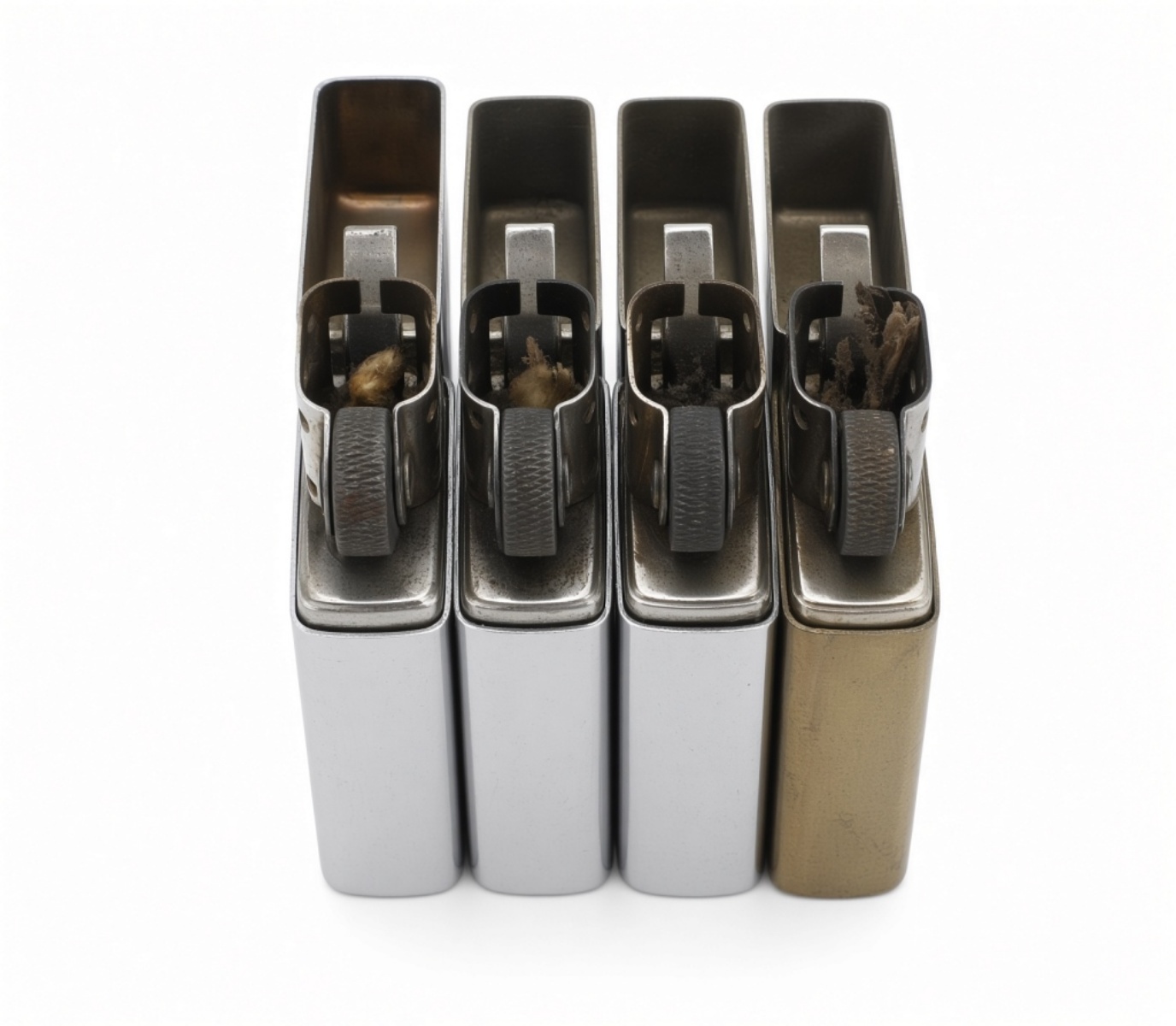 (4) Slim Zippos, Chrome and Brass, Fired