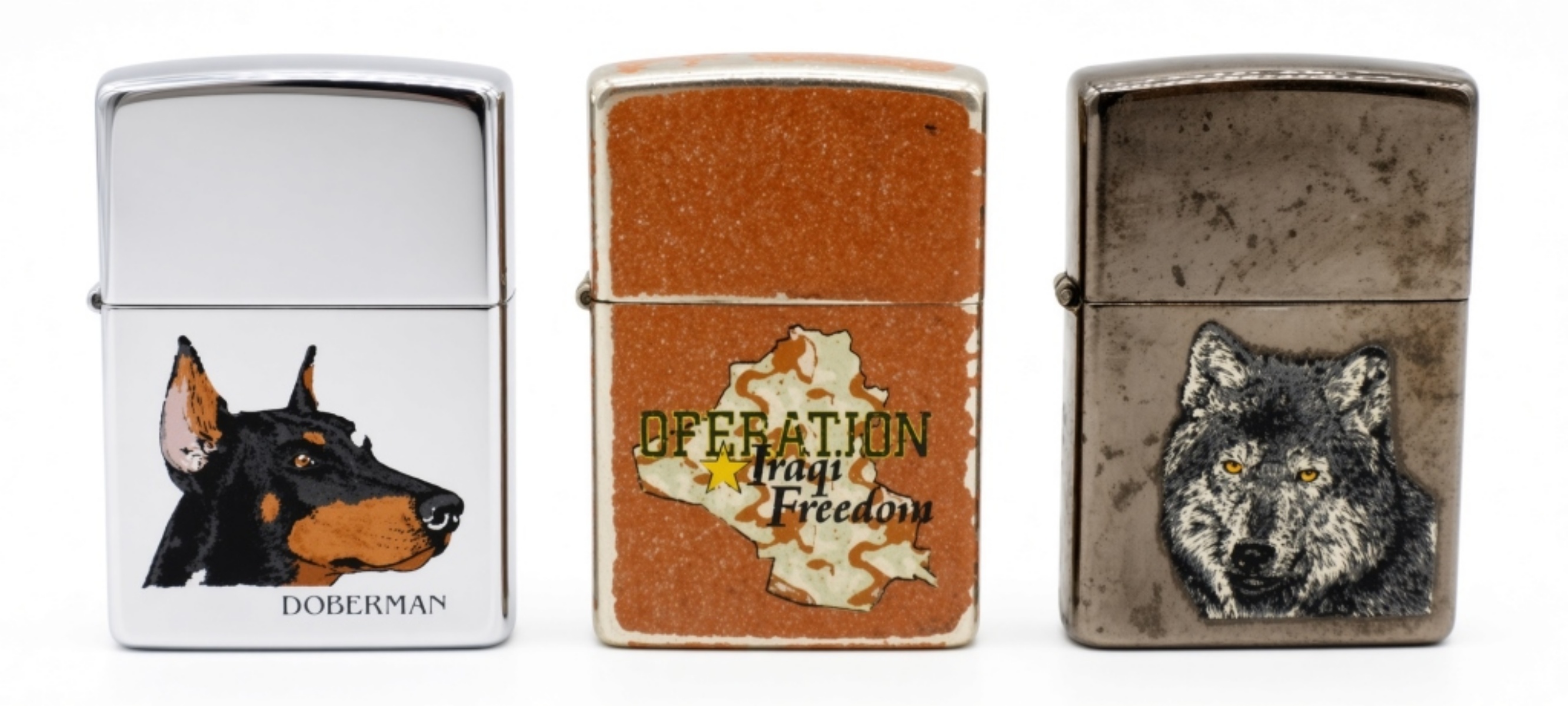 Three Zippo Lighters with Custom Graphics