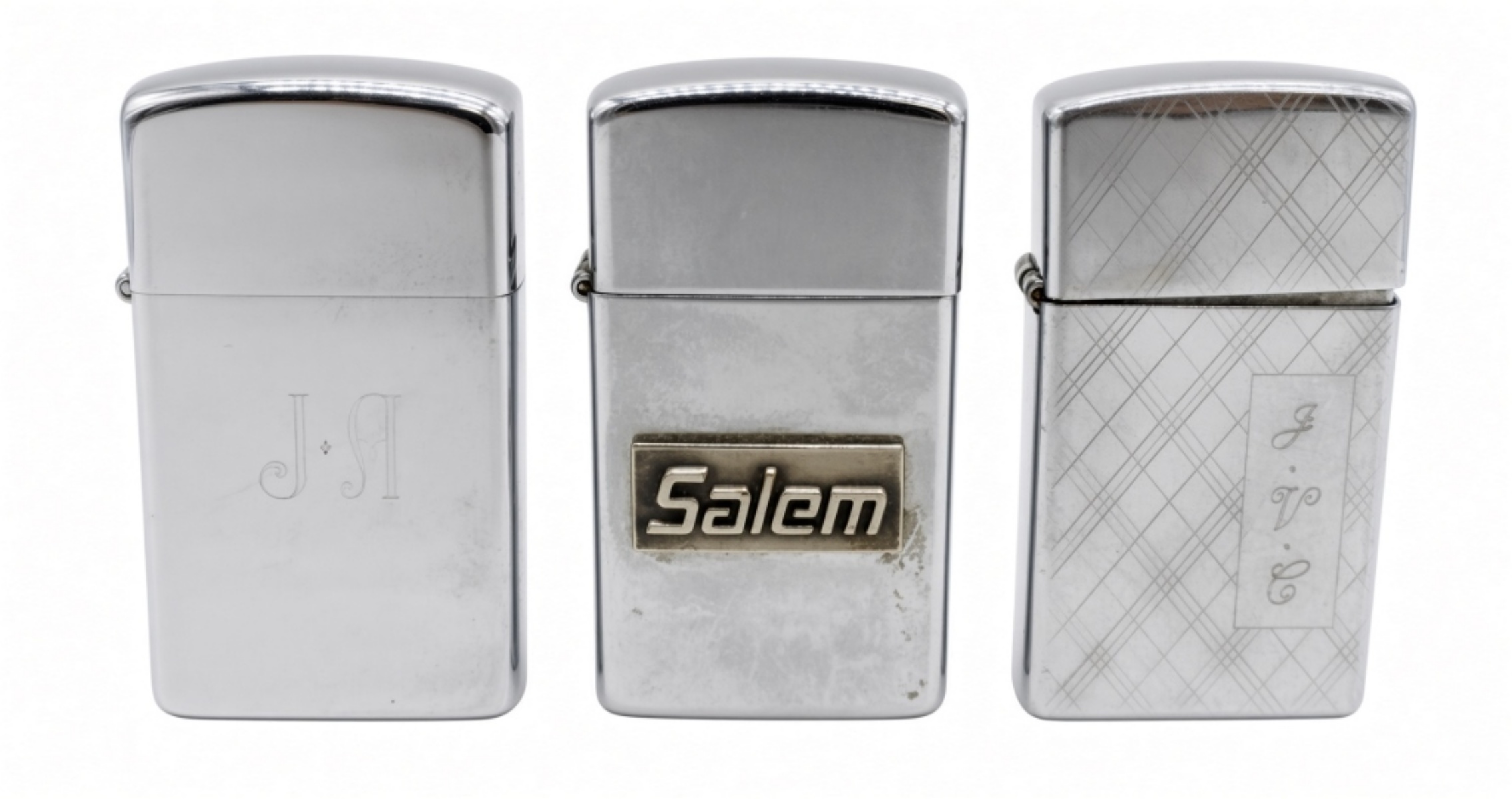 Three Slim Zippo Lighters, Advertising and Plain