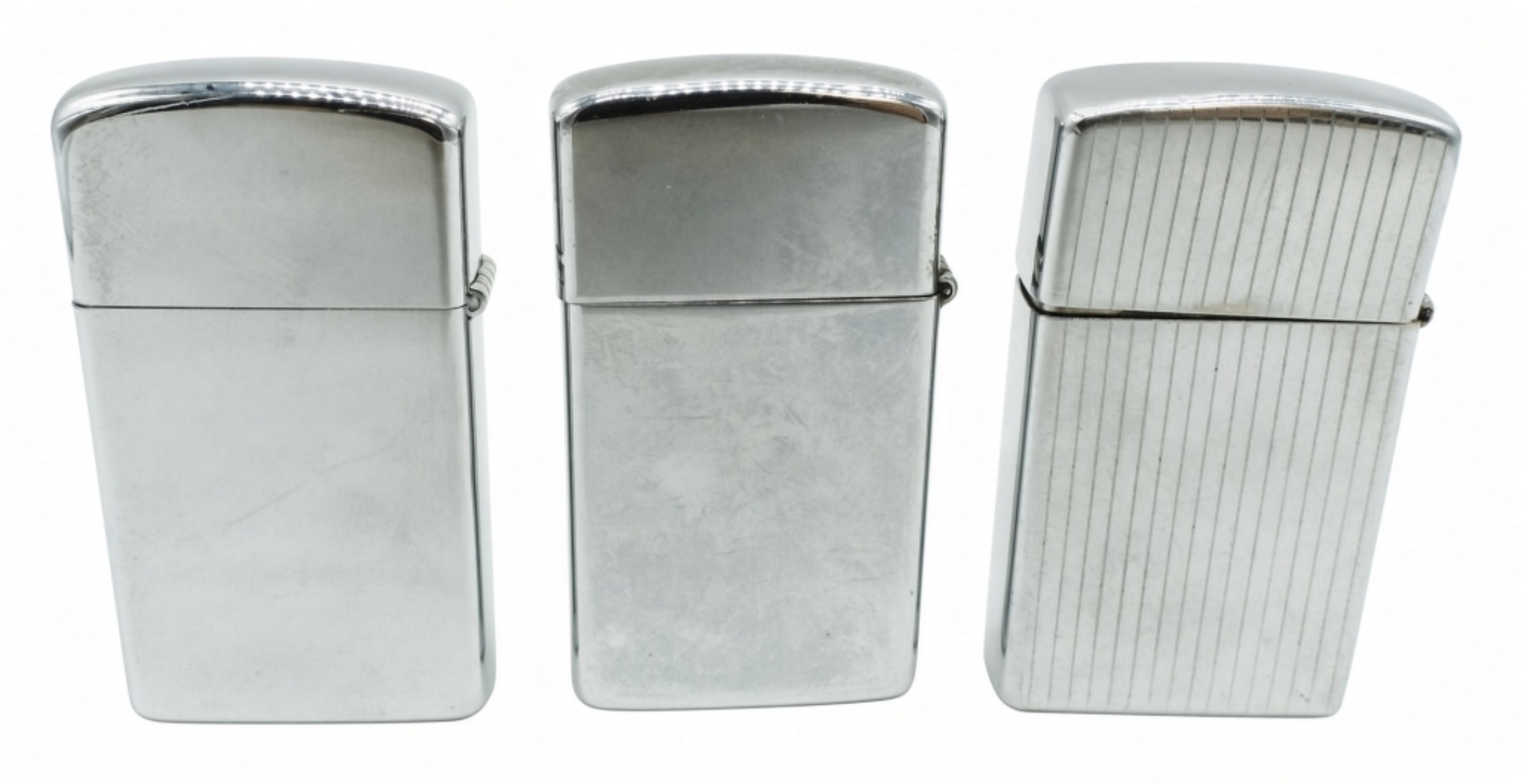 Three Slim Zippo Lighters, Advertising and Plain