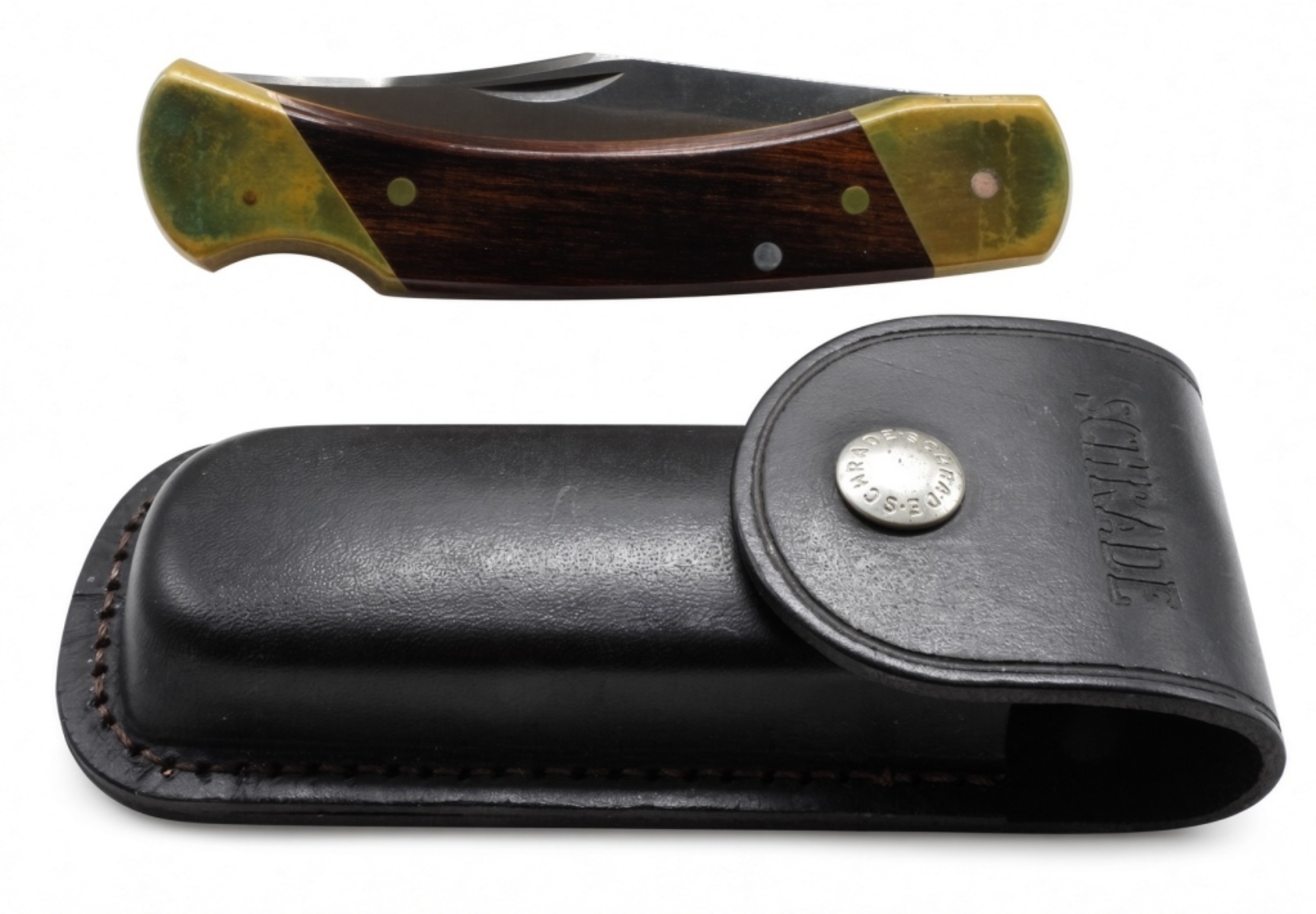 Schrade+ LB7 Folding Knife with Leather Sheath