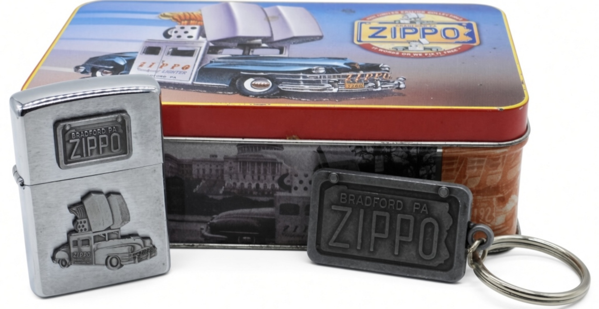 Zippo Truck Lighter & Keychain Set in Tin
