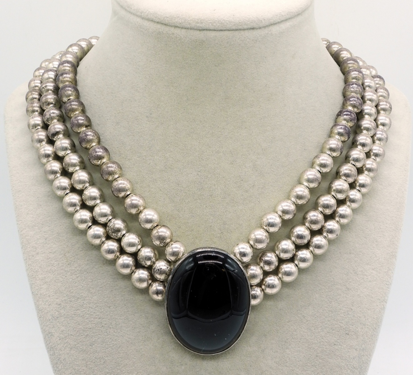 Sterling Silver Onyx 3-Strand Bead Necklace