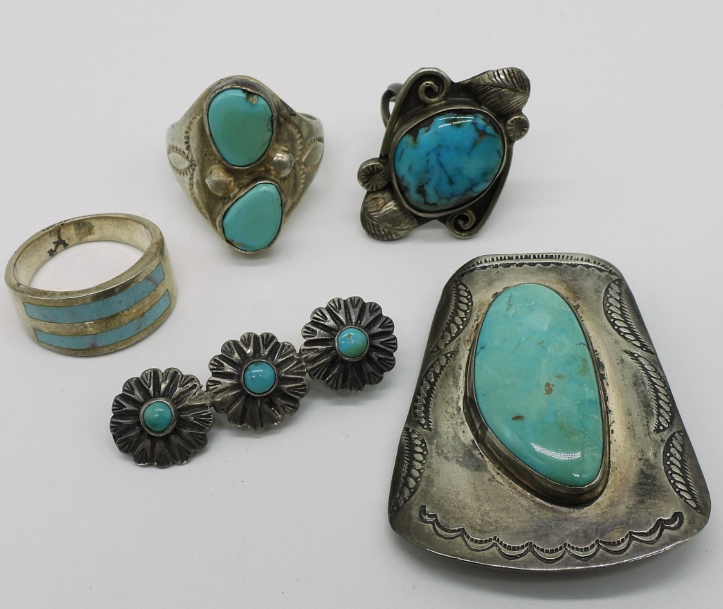 Sterling Turquoise Lot, 5pc Rings Pin Bolo