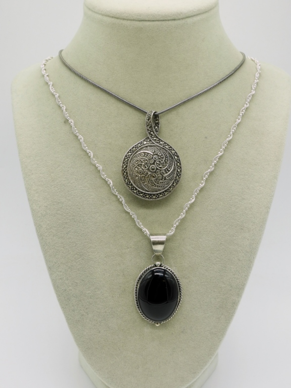 Two Sterling Silver Onyx Marcasite Necklaces