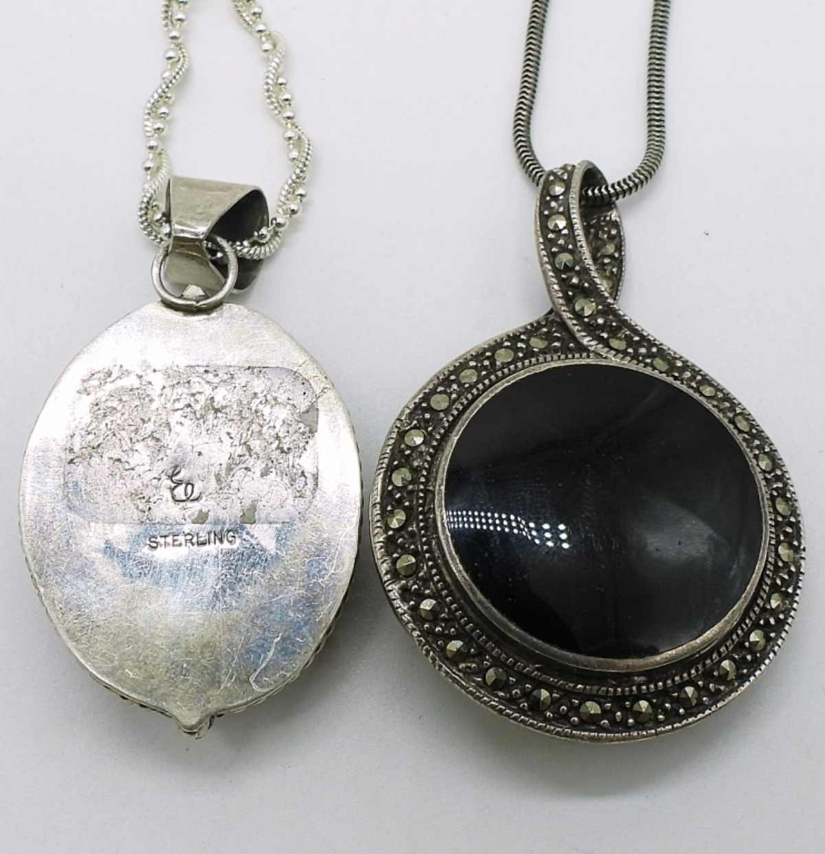 Two Sterling Silver Onyx Marcasite Necklaces